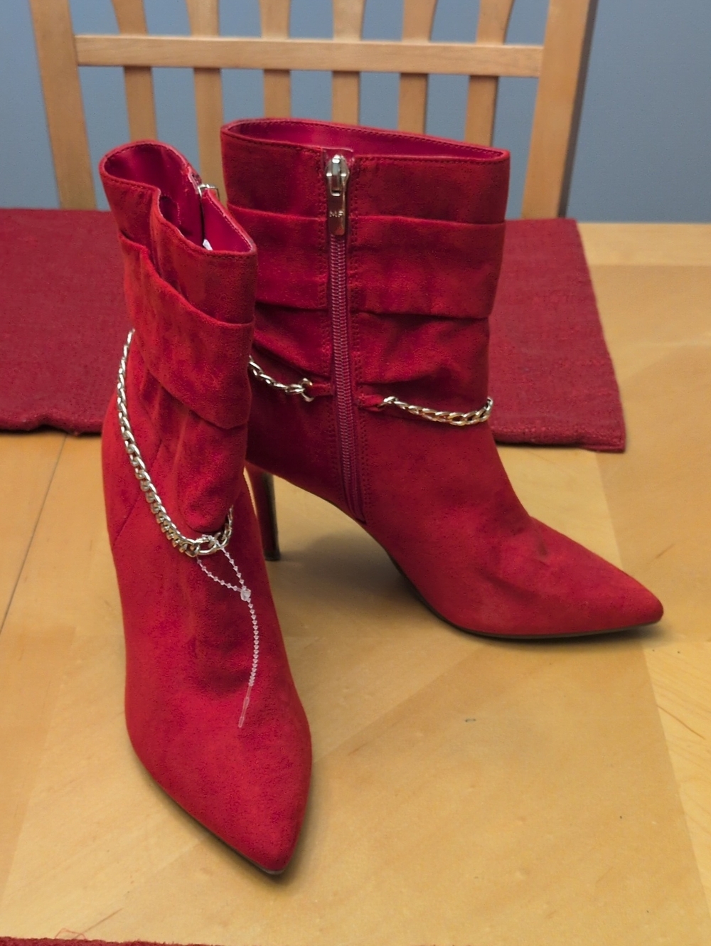 Marc Fisher Red Pointed-Toe Ankle Boots with Gold Chain